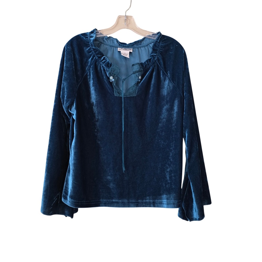J Marco Teal Blue Crushed Velvet Bell Sleeve Lace Up Beaded Blouse Large y2k